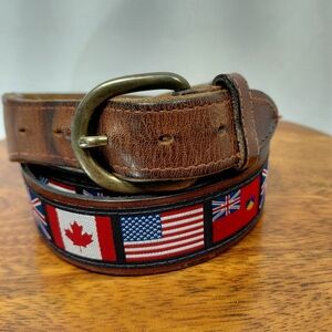 YRI USA Canada British Flags Ribbon Canvas Leather Belt